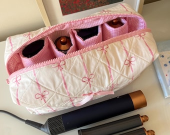 Sac à outils pour cheveux rose à motif ruban, sac Dyson Airwrap/Airstrait, sac de rangement matelassé, sac de voyage en coton, étui pour hairtool Dyson, joli cadeau