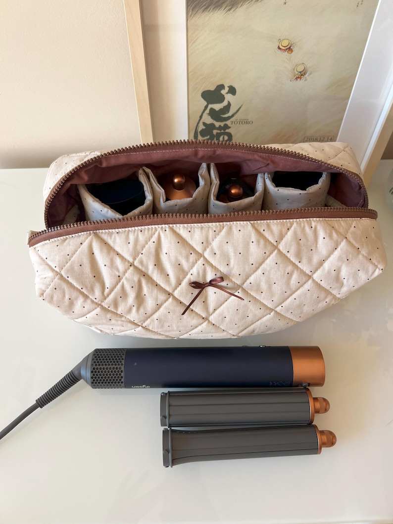 Pu&ograve; includere: Un beauty case trapuntato beige con cerniera e interno marrone, contenente strumenti di bellezza. Uno styler per capelli blu scuro e rame e due accessori per arricciacapelli grigi sono accanto alla borsa. Un fiocco marrone adorna la parte anteriore della borsa.
