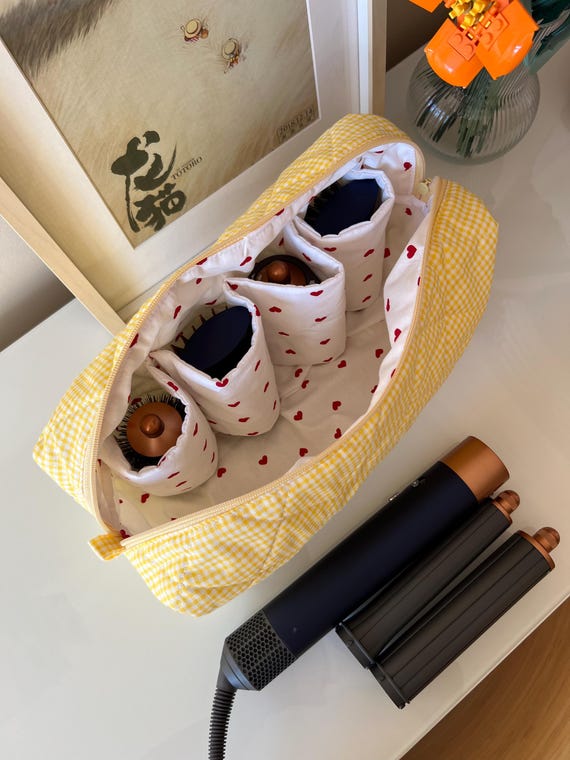 Butter Yellow Gingham Hair Tool Bag, Dyson Airwrap/Airstrait Bag, Travel Case Dyson Quilted Organizer Bag, Gift For Best Friend, Travel Bag