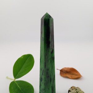 May include: A tall, green jade obelisk with dark green veining. The obelisk is faceted and stands upright. A green leaf and a brown leaf are next to the obelisk. A small piece of rock is also in the image.