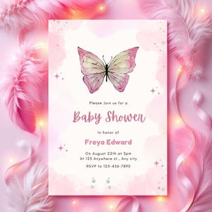 Butterfly Baby Shower Invitation, Purple Butterfly Invitation Template, Editable Pink Purple Gold Butterflies Baby Shower Invite