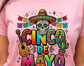 Cinco De Mayo PNG, Sugar Skull T-Shirt Design, Mexican Fiesta Sublimation, Colorful Sombrero & Guitar Graphic, Instant Digital Download