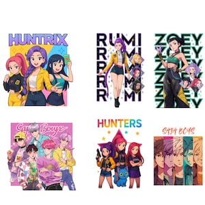May include: A collection of anime-style illustrations featuring groups of characters. Each design includes a title, such as "HUNTRIX," "RUMI," and "ZOEY," along with stylized depictions of the characters. The color palettes vary, with vibrant hues and dynamic poses.