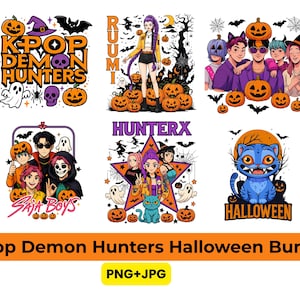 May include: A digital art bundle featuring six Halloween-themed designs. The designs include K-Pop characters, pumpkins, bats, and ghosts. Text includes "KPOP DEMON HUNTERS", "RUMI", "HUNTERX", "SAMA BOYS", and "HALLOWEEN". The bundle is labeled "Kpop Demon Hunters Halloween Bundle".
