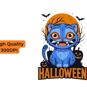 May include: A blue cartoon cat with orange eyes and sharp teeth, set against an orange moon and bats. The word "HALLOWEEN" is displayed in orange and black. The image is labeled "High Quality 300DPI".