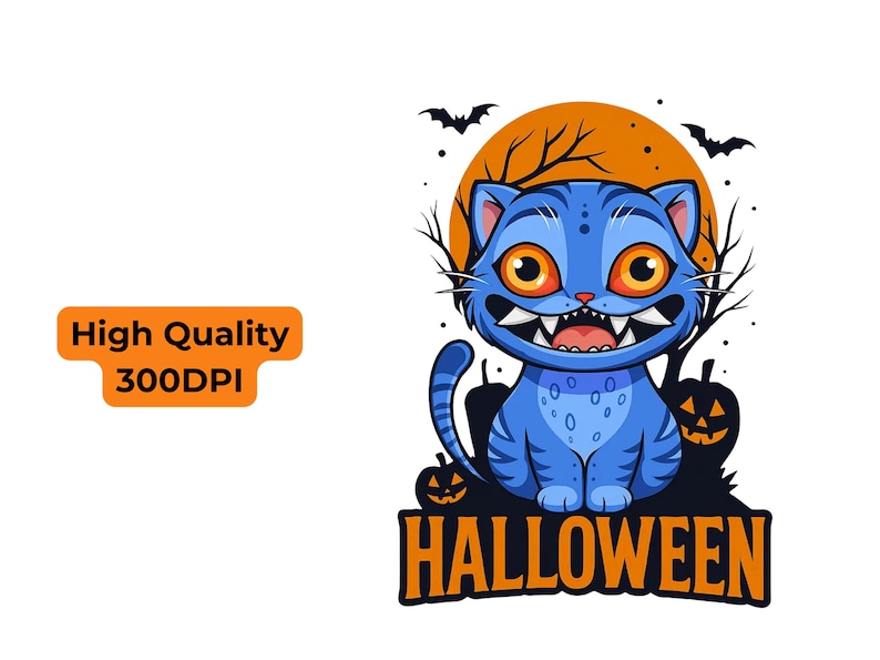 May include: A blue cartoon cat with orange eyes and sharp teeth, set against an orange moon and bats. The word "HALLOWEEN" is displayed in orange and black. The image is labeled "High Quality 300DPI".