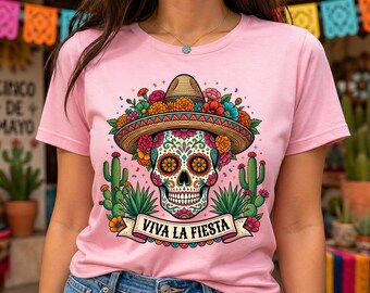 Viva La Fiesta PNG, Cinco De Mayo Sugar Skull T-Shirt Design, Mexican Floral Skull Sublimation, Colorful Sombrero & Cactus Graphic