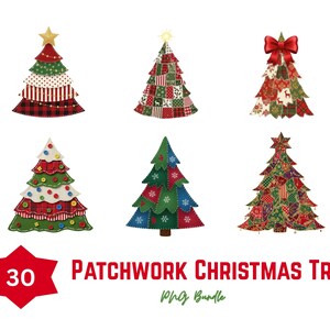 Pode incluir: Seis desenhos de árvores de Natal em patchwork em várias cores e padrões, incluindo vermelho, verde e branco. Algumas árvores são encimadas por estrelas ou laços. O texto "Patchwork Christmas Tree" também está incluído.