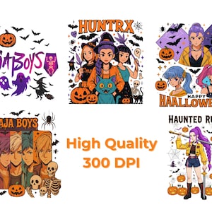 May include: Several Halloween-themed graphic designs with anime-style characters, pumpkins, bats, and spooky elements. Text includes "SAJA BOYS", "HUNTX", "HAPPY HAALLOWEEEN", and "HAUNTED RUMI". The designs are labelled "High Quality 300 DPI".