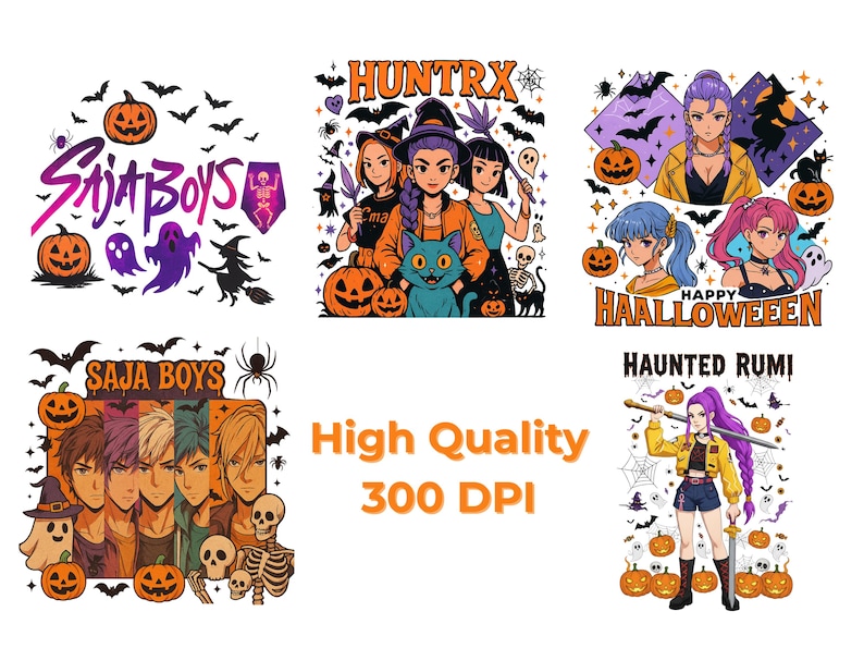 May include: Several Halloween-themed graphic designs with anime-style characters, pumpkins, bats, and spooky elements. Text includes "SAJA BOYS", "HUNTX", "HAPPY HAALLOWEEEN", and "HAUNTED RUMI". The designs are labelled "High Quality 300 DPI".