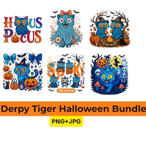May include: A collection of six Halloween-themed illustrations featuring blue cats with various designs. The images include pumpkins, bats, and the text "Hocus Pocus" and "Spooky Season". The title "Derpy Tiger Halloween Bundle" is displayed below.