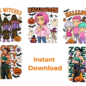 May include: A selection of digital illustrations with a Halloween theme. The images showcase cartoon characters, pumpkins, bats, ghosts, and the text "Cute Witches", "Halloween", "Hallloween", and "Zoey". The words "Instant Download" are also present.