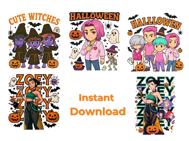 May include: A selection of digital illustrations with a Halloween theme. The images showcase cartoon characters, pumpkins, bats, ghosts, and the text "Cute Witches", "Halloween", "Hallloween", and "Zoey". The words "Instant Download" are also present.