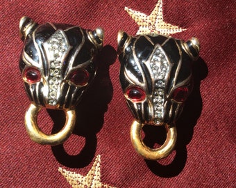 Black panther enamel vintage clip earrings