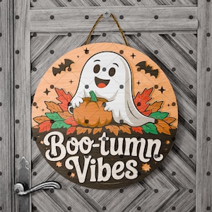 Boo-tumn Vibes Geist-Zeichen - niedlicher Herbst-Halloween-Türschild aus Holz