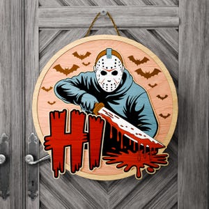 Bloody Mask Halloween Door Sign SVG – Horror Welcome Round with Knife and Bats – Layered Laser Cut File for Glowforge Cricut