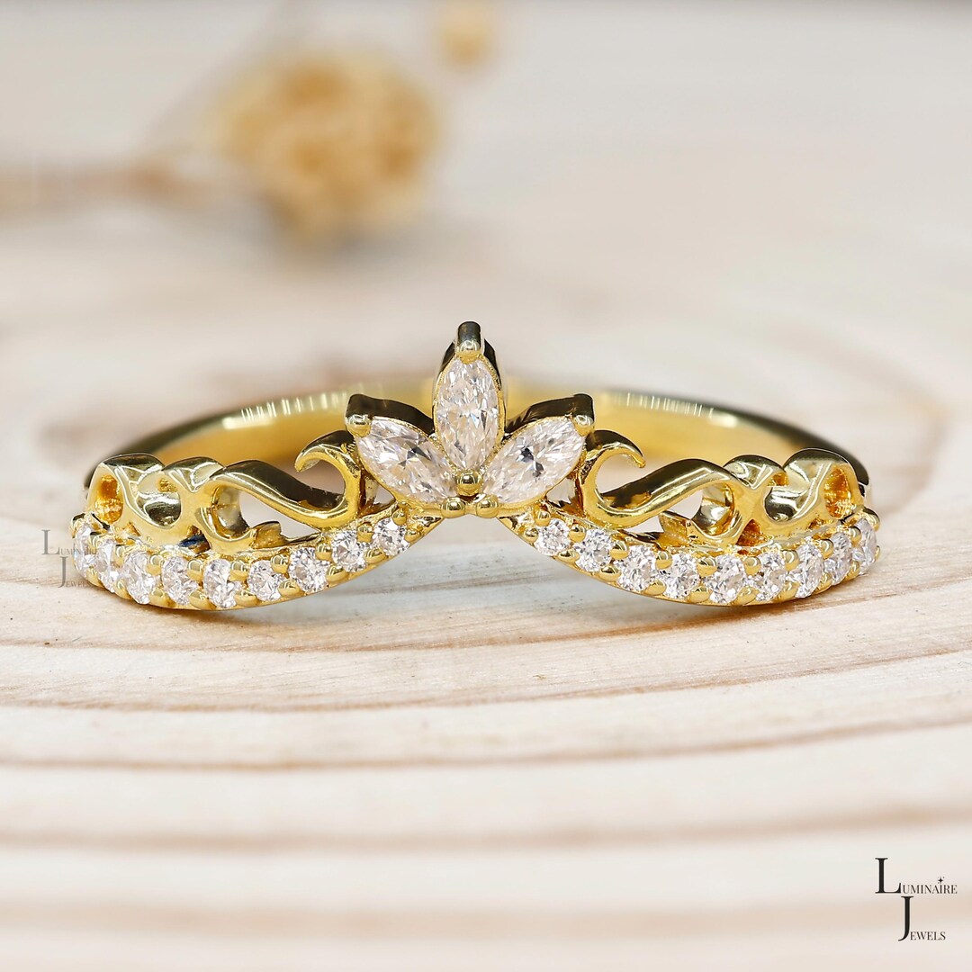 Moissanite Marquise Cut Diamond Art Deco Curved Wedding Ring 14K Gold ...