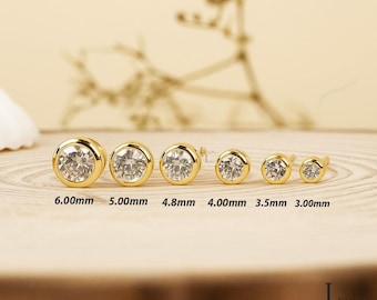 14K Gold Moissanite Stud Earring, Bezel Helix Tragus Earring Tragus Moissanite Bezel Cartilage Earring Conch Flat Back Earring Moissanite