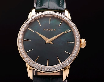 Orologio con quadrante rotondo in acciaio inossidabile color giallo, orologio con diamanti, regalo di nozze, orologio con moissanite, regalo di San Valentino, orologio da donna, orologio con quadrante verde