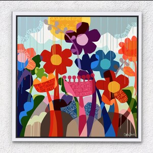 Puede incluir: Una pintura abstracta colorida con flores con pintura goteando y texto que dice "And I say it's all right", "Here comes the sun", "Sun sun sun here it comes", "The smiles are returning to the faces", "Little darling it seems like years since it's been here", "I feel that ice is slowly melting", "And I say it's all right", y "Here comes the sun".