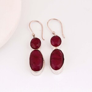 Pendientes colgantes de rubí rojo simulado, plata de ley 925, ovalados facetados, hechos a mano, joyería bohemia