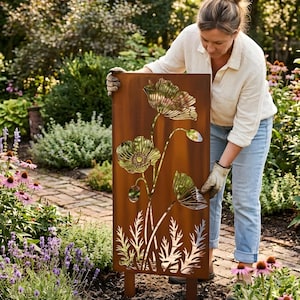 Panel de jardín de metal con diseño de amapola, acabado oxidado, decoración para exteriores, panel decorativo para jardín y patio.