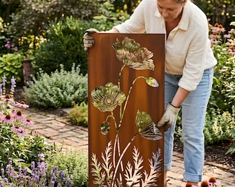 Poppy Flower Metal Garden Panel, Rust Finish Yard Art, Decorative Garden Panel Outdoor Decor, Garden Yard Decor