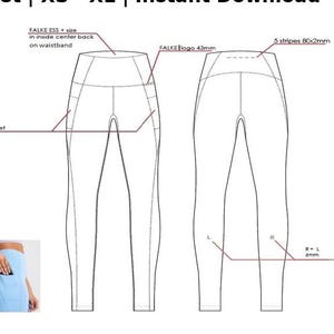 May include: Sporty leggings sewing pattern with side pocket, XS to XL sizes. Includes fabric info: Quick Dry Fabric, 33% PA/17% EL, 180 g/m². Features a diagram of the leggings with measurements and a list of included features. Available now on Etsy.