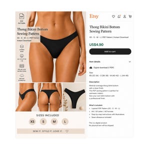 May include: A digital sewing pattern for a black thong bikini bottom, featuring text that reads Thong Bikini Bottom Sewing Pattern, XS-S-M-L, PDF Pattern, Instant Download, Layered Sizes, A4/US Letter, Step-by-Step Instructions, and Sew It. Style It. Love It.