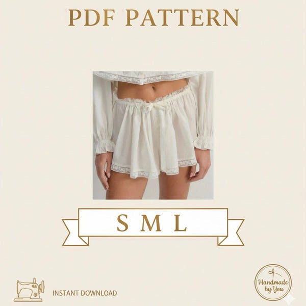 Modello di pantaloncini da pigiama vintage con bordi in pizzo - Modello di cucito per pantaloni a campana larghi da donna / Abbigliamento da notte fai da te, abbigliamento da casa Cottagecore PDF