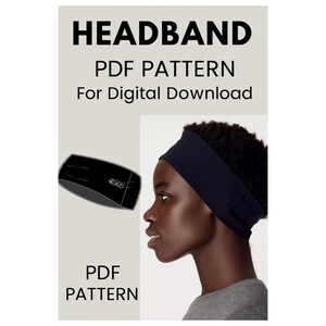 以下が含まれることがあります： 画像は黒いヘアバンド、デジタルダウンロード用のPDFパターンです。「HEADBAND PDF PATTERN For Digital Download」というテキストが表示されています。黒いヘアバンドを着用している人の横顔が示されています。