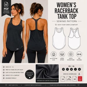Naaipatroon tanktop racerback – digitale pdf – patroon sportkleding dames – XS tot XL – eenvoudig te naaien