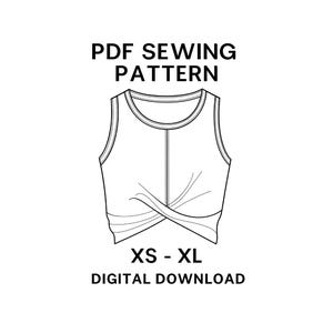 Puede incluir: Un dibujo lineal en blanco y negro de un patrón de costura de camiseta sin mangas. El texto "PDF SEWING PATTERN" está en la parte superior, con "XS - XL" y "DIGITAL DOWNLOAD" en la parte inferior. El diseño de la camiseta sin mangas presenta un frente retorcido.