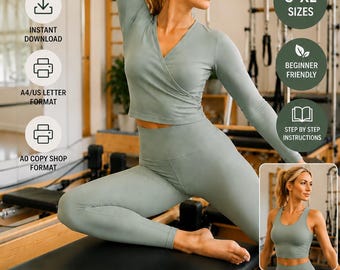 May include: A three-piece activewear set in a light green color, including leggings, a sports bra, and a long-sleeved wrap top. The digital PDF pattern features instant download, A4/US letter and A0 copy shop formats, and step-by-step instructions.