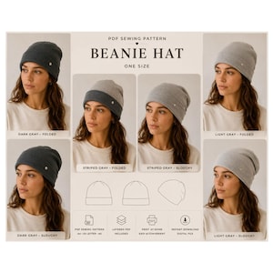 Puede incluir: Un patrón de costura en PDF para un gorro tipo beanie de talla única. La imagen muestra varios estilos, incluyendo gorros gris oscuro, gris claro y gris a rayas en versiones dobladas y holgadas, junto con dibujos lineales e iconos de archivos digitales.