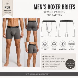 Pode incluir: Um molde de costura digital para cuecas boxer, com o texto MEN'S BOXER BRIEFS, SEWING PATTERN e PDF PATTERN. A imagem exibe três vistas de cuecas cinzentas com cós preto, juntamente com desenhos técnicos de linhas do molde.