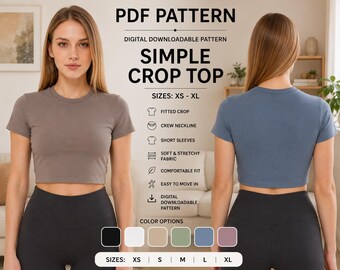 Crop Top Sewing Pattern | Short Sleeve Digital PDF Pattern | Instant Download | XS-XL Sizes