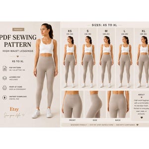 May include: A PDF sewing pattern for high-waist leggings in sizes XS to XL. The image displays a white crop top and beige leggings, a size chart with five figures, and close-up views of the leggings from the front, side, and back perspectives.