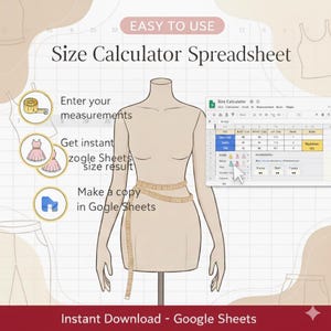 裁縫パターン用サイズ計算スプレッドシート | ストレッチニットサイズ検索 | レギンス、トップス、ドレス | すぐにダウンロード