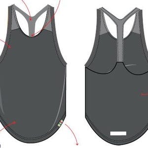 Puede incluir: Vista frontal y trasera de una camiseta sin mangas deportiva gris oscuro. La camiseta sin mangas tiene un diseño de espalda de nadador con detalles grises y un dobladillo curvo. La costura es visible y hay un pequeño detalle en el dobladillo inferior.
