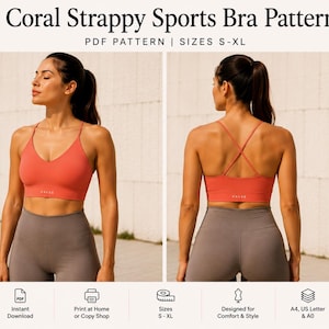 Coral Strappy Sports Bra PDF Sewing Pattern | Cross Back Bra Pattern | Size S | Instant Download