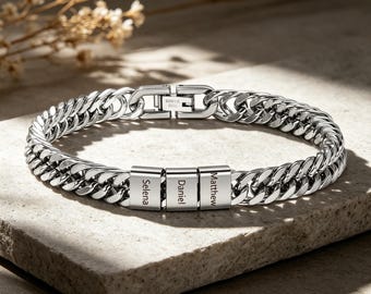 Personalized Mens Bracelet for Dad with Kids Names, Custom Engraved Bead Steel Bracelet, Family Gift for Grandpa, Fathers Day Gift for Dad