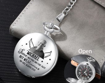 Custom Photo Pocket Watch with Chain,Picture Engraved Angel Wings & Name,Memorial Gift, Losing loved one, sympathy Gift,Best Man Gift