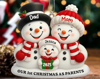 Personalized Snowman Family Ornament 2025, Our 1st Christmas as Parents, Custom Mom Dad Kids Name Xmas Tree Decoration, New Parents Gifts