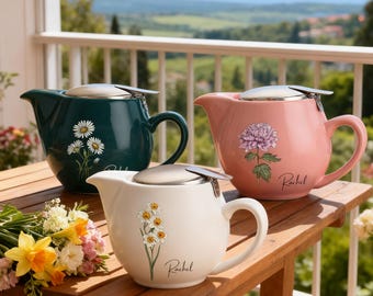 Personalized Birth Flower Ceramic Teapot with Name, Custom Floral Teapot Gift for Tea Lover, Afternoon Tea Party Supplies,Gift for Women/Men
