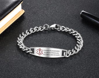 Personalized Medical Alert Bracelet，adjustable Stainless Steel Chain Bracelet，Waterproof Emergency ID Bracelet，Gifts for allergies＆diabetes