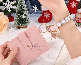 Personalisierte Geburtsblume Schlüsselanhänger Brieftasche, Name ＆ Floral Geldbörse, Lederkarte Brieftasche, Kartenbrieftasche, Mutter Geburtstagsgeschenk, Geschenke für Sie