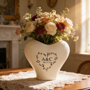 Könnte beinhalten: Eine herzförmige, cremefarbene Keramikvase, gefüllt mit einem bunten Blumenstrauß. Die Vase hat ein schwarzes Blumendesign mit den Initialen "A&C" und dem Datum "06.17.25". Die Blumen umfassen Rosen und andere Blüten in Rosa-, Rot- und Orangetönen.