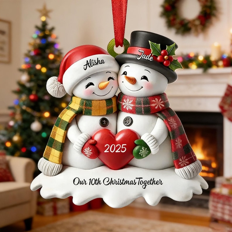 Christmas Couple Snowman Ornament,Flat acrylic ornament,Our 10th Christmas Together,Christmas tree ornament,Anniversary gift,Gift For Him image 2