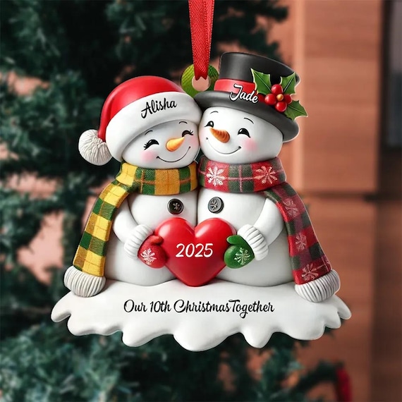 Christmas Couple Snowman Ornament,Flat acrylic ornament,Our 10th Christmas Together,Christmas tree ornament,Anniversary gift,Gift For Him